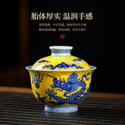 Jingdezhen Imperial Dragon Blue & White Porcelain Gongfu Tea Set – 5-Piece Gift Box | Qicheng Tang