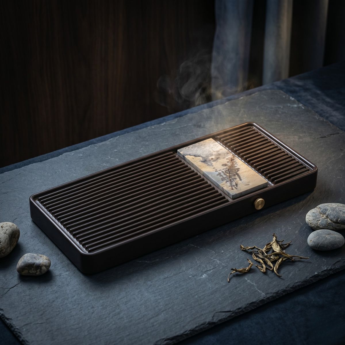 Luxury Natural Stone Tea Tray | 32-Count Cotton Bakelite Board | Wet & Dry Brewing | Premium Custom Edition