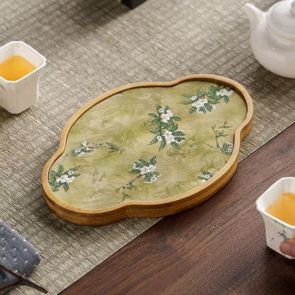 Bamboo Dry Brewing Tea Tray with Embroidered Cloth – 3 Shapes (Gourd / Begonia / Cloud)