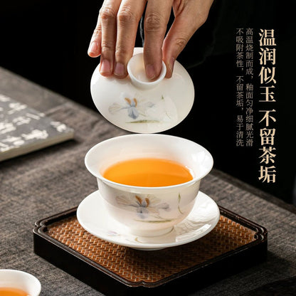 Suet Jade Porcelain Gaiwan Set | Embroidered Iris Pattern with 2 Cups 170ml