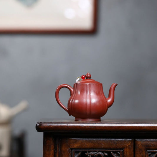 Yixing Purple Clay Teapot "Ribbed Si Ting" 200ml - Handmade Da Hong Pao Clay