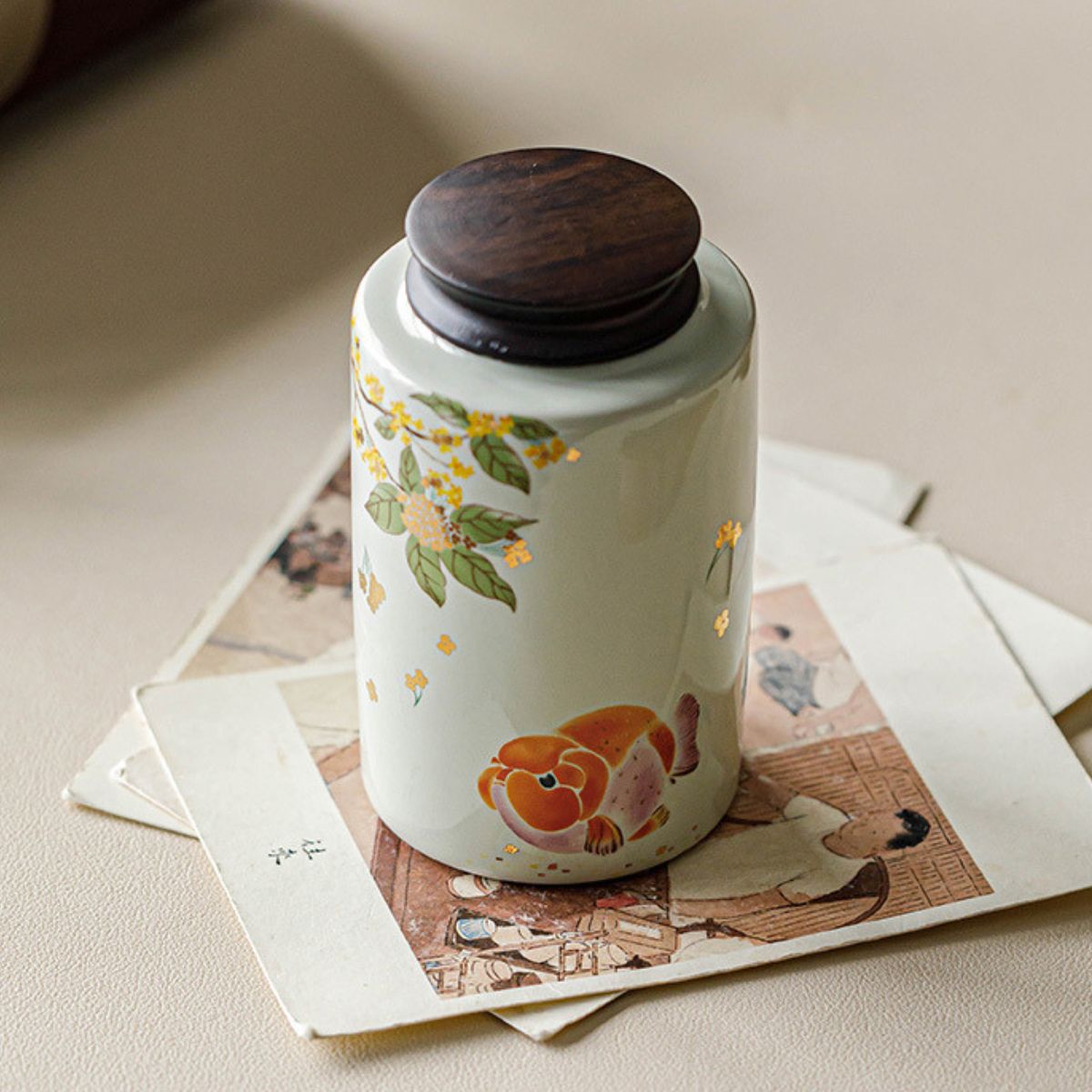 Golden Osmanthus & Lucky Carp Ceramic Tea Canister | 260ml Tea Storage Jar
