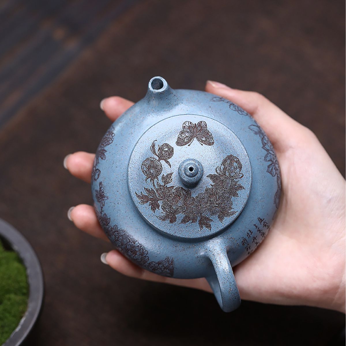 Yixing Zisha Teapot | Royal Blue Duan Ni with Hand-Engraved Peony | 180ml Gongfu Tea Pot