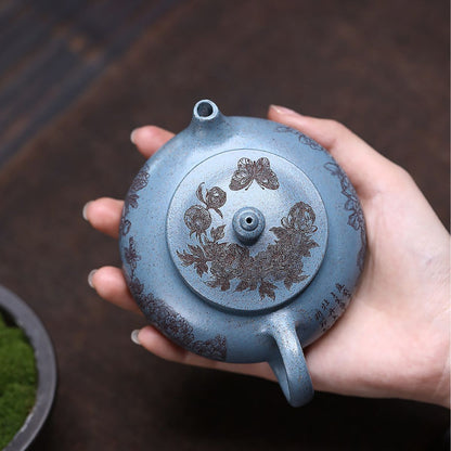 Yixing Zisha Teapot | Royal Blue Duan Ni with Hand-Engraved Peony | 180ml Gongfu Tea Pot