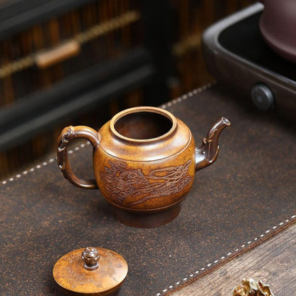 Handmade Yixing Purple Clay Teapot 420ml - Wood-Fired Dragon Bone Gold Sand Palace Lantern Gongfu Tea Pot