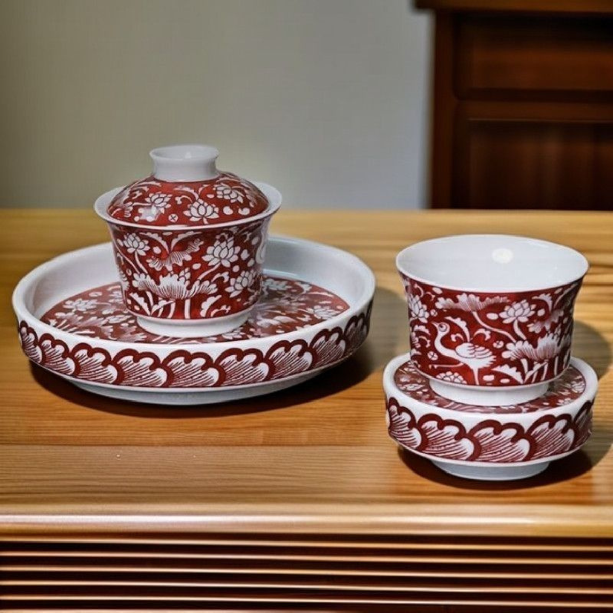 White Crane & Lotus Underglaze Red Teaware