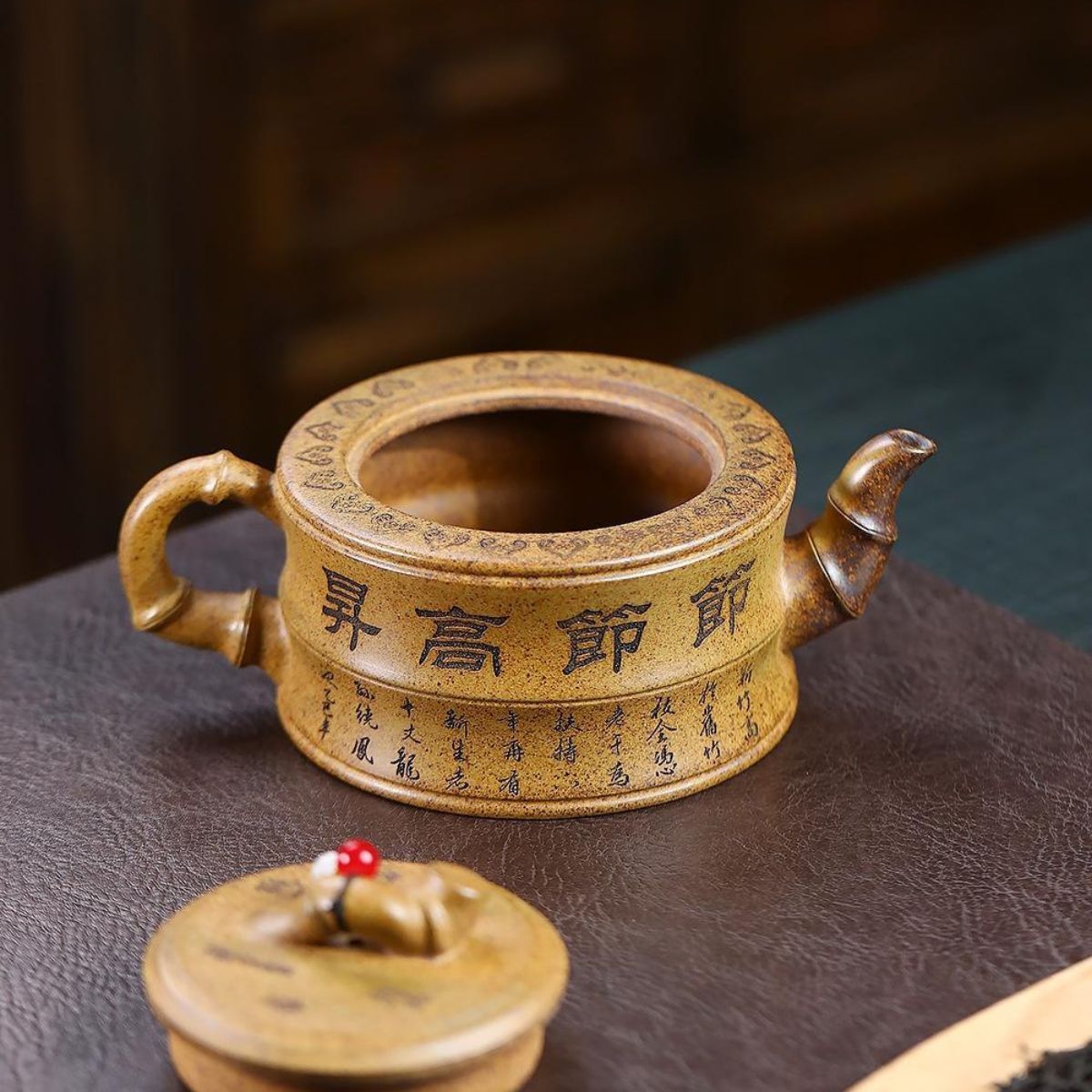 Rising Prosperity Bamboo Yixing Teapot - High-Temp Duanni Clay 380ml