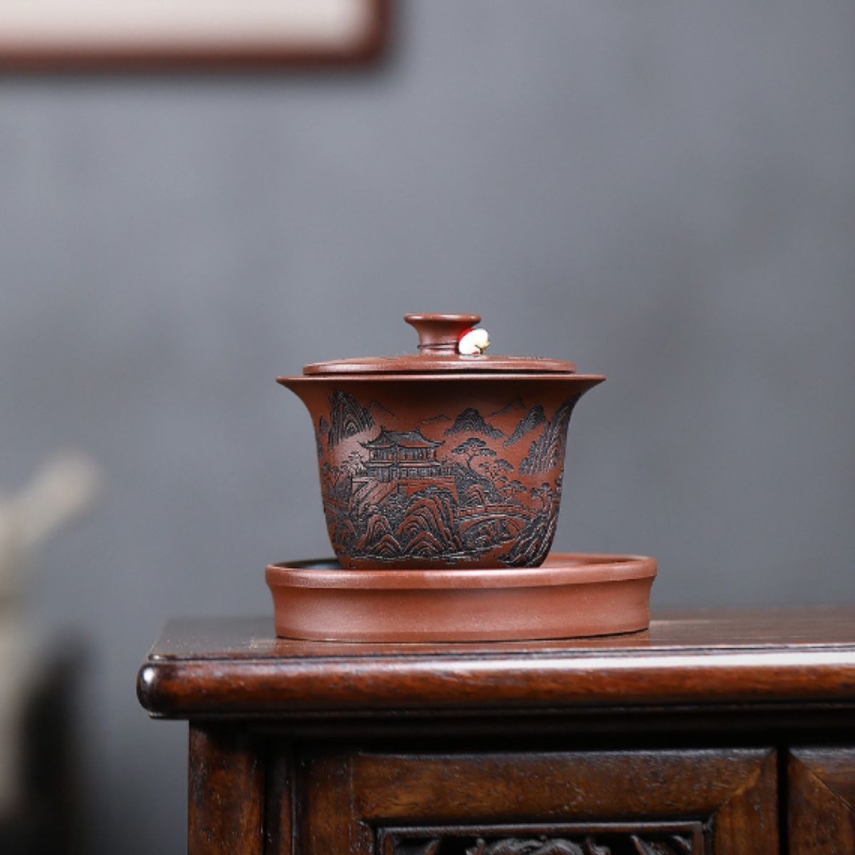 Yixing Purple Clay Gaiwan "Mountain View" 200ml - Di Cao Qing Clay Three-Piece Set