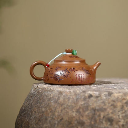Carved Bamboo Hat Yixing Teapot - Red Gold Zhuni Clay 180ml Premium Gift