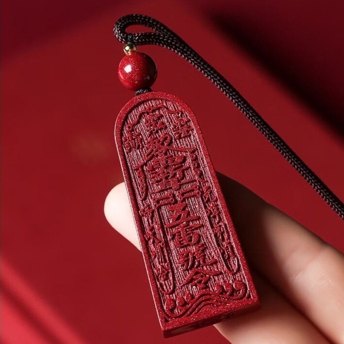 Natural Cinnabar Amulet Pendant | Five Thunder Command Talisman for Protection & Good Fortune