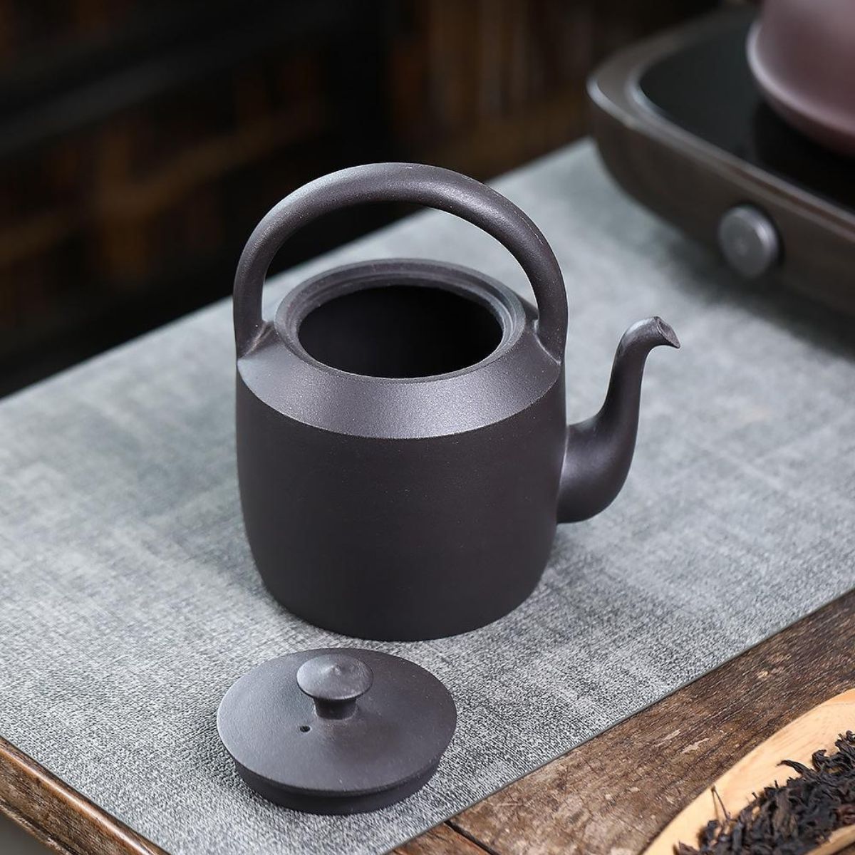 Handmade Yixing Purple Clay Boiling Kettle 700ml - Original Black Clay Handle Teapot for Stove Brewing