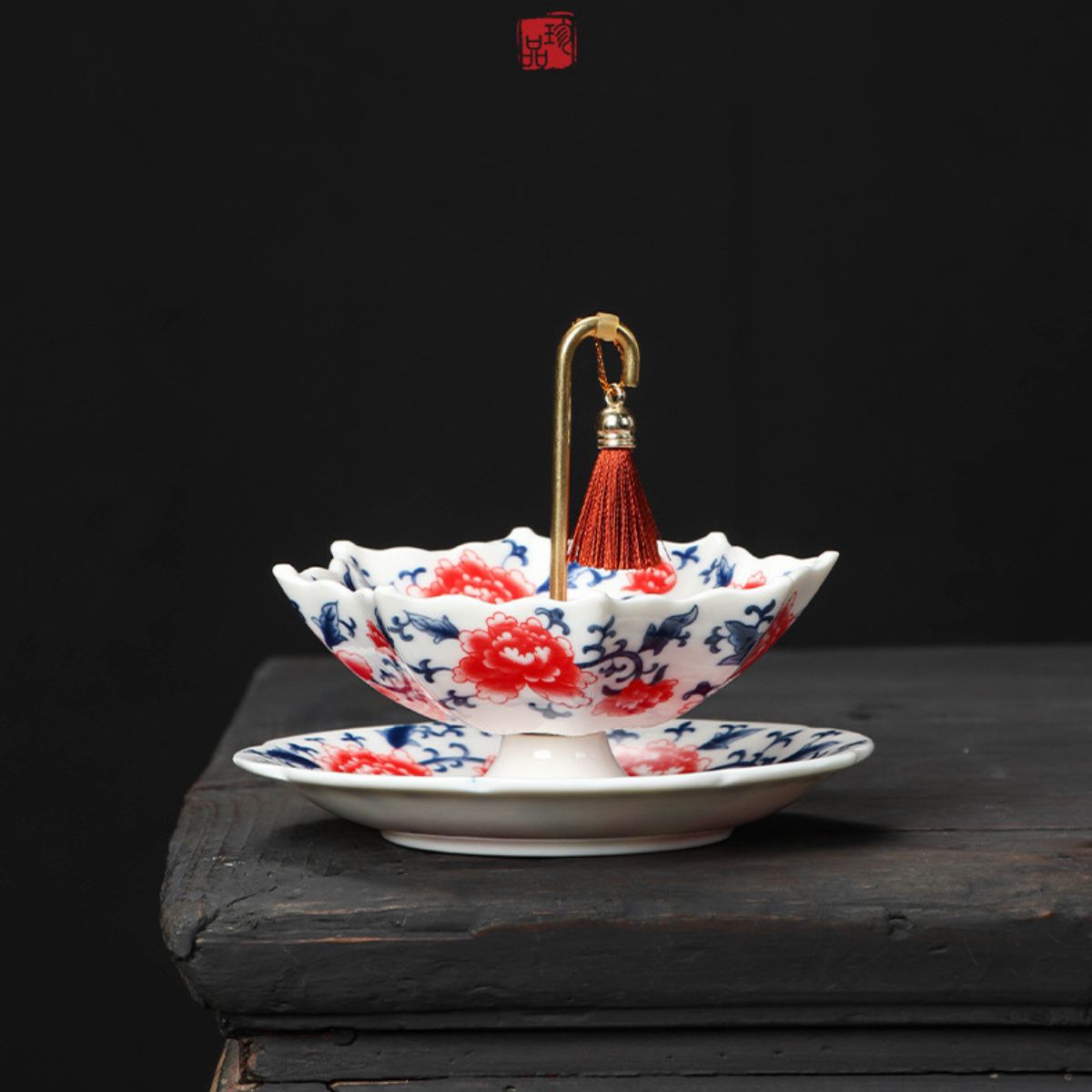 Umbrella Tea Strainer Set | Blue & White Porcelain or Red Peony | Gongfu Tea Accessory