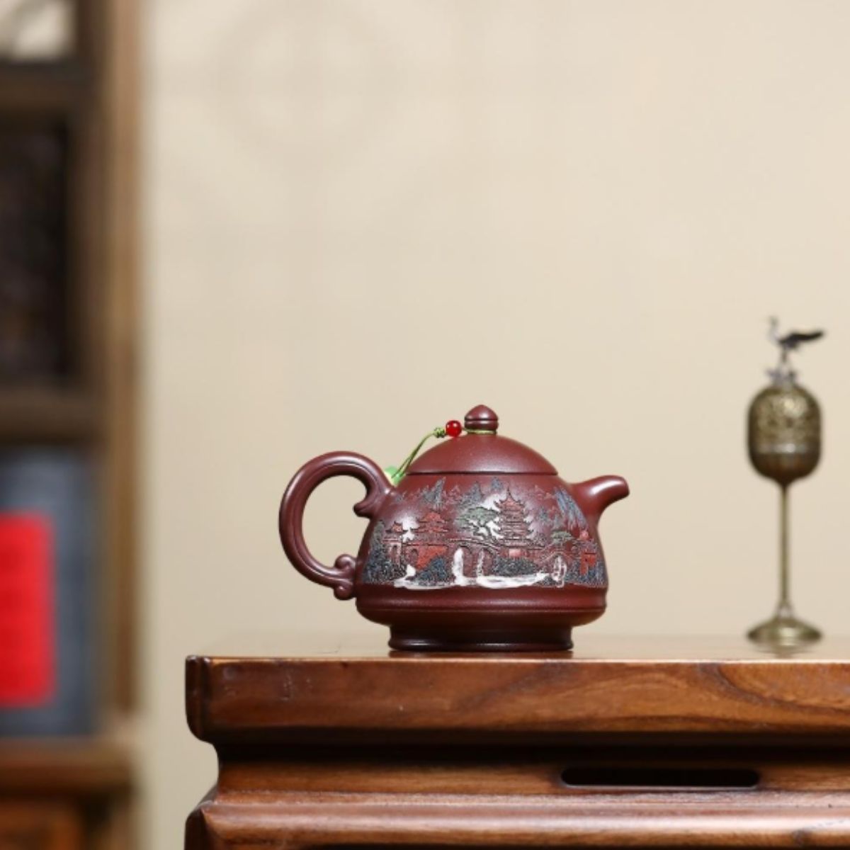 Misty Clouds Ancient Pavilion Yixing Teapot - Stone Red Clay 250ml