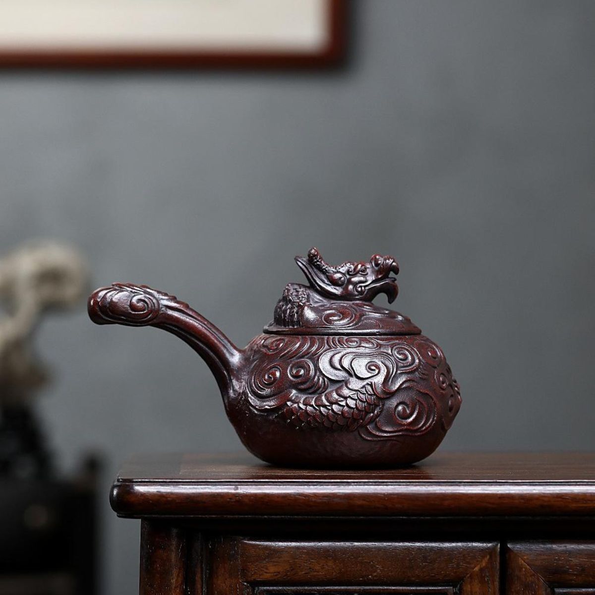 Handmade Yixing Purple Clay Teapot 450ml - Original Ancient Red Clay Coiling Dragon Zisha Gongfu Tea Pot