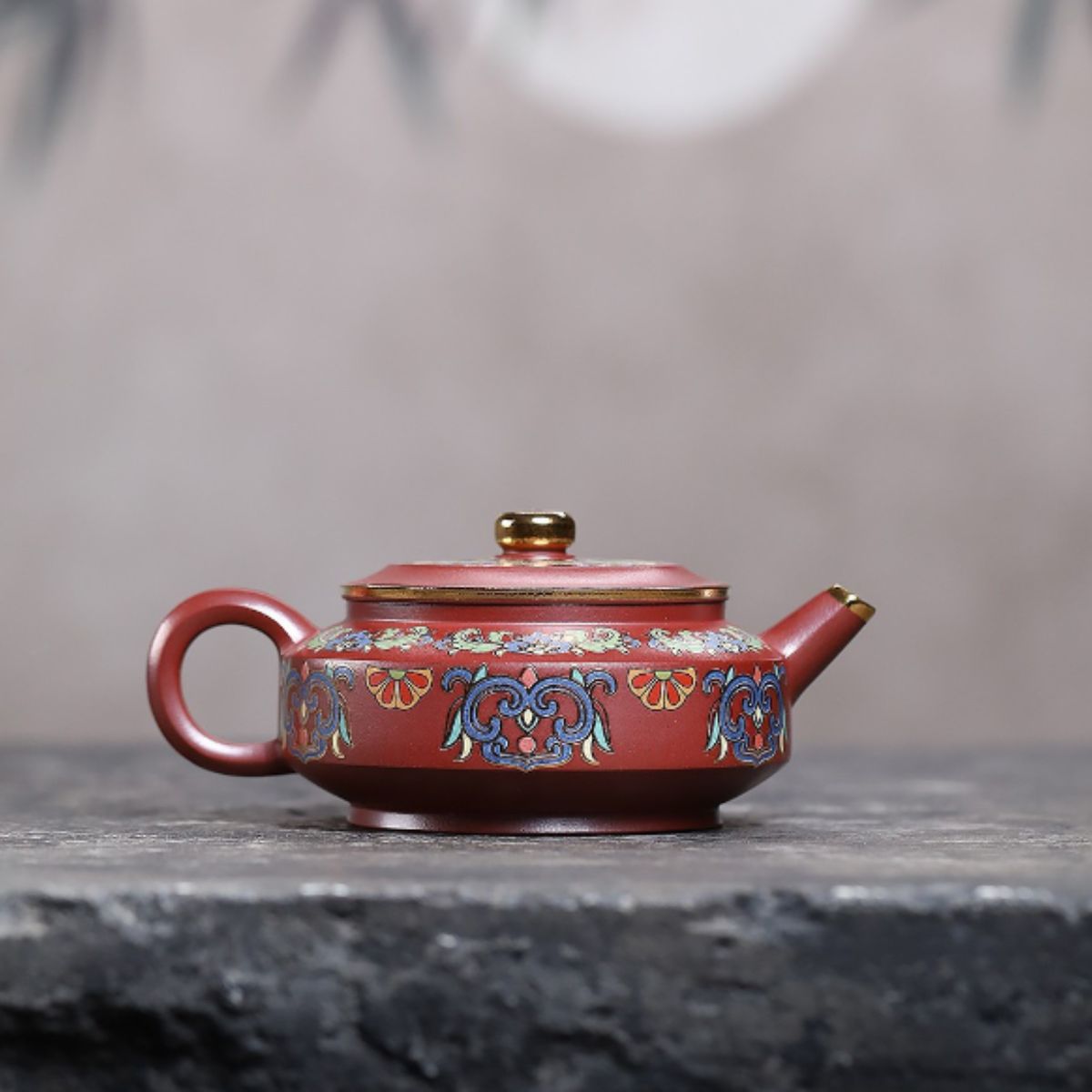 Yixing Purple Clay Teapot "Enamel Zhou Pan" 220ml - Red Dragon Skin Clay with Enamel Painting