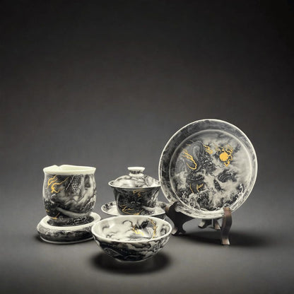 Jingdezhen Antique Ink-Clay Dragon Gongfu Tea Set – Lóng Téng Zhì Yǔ | 5-Piece