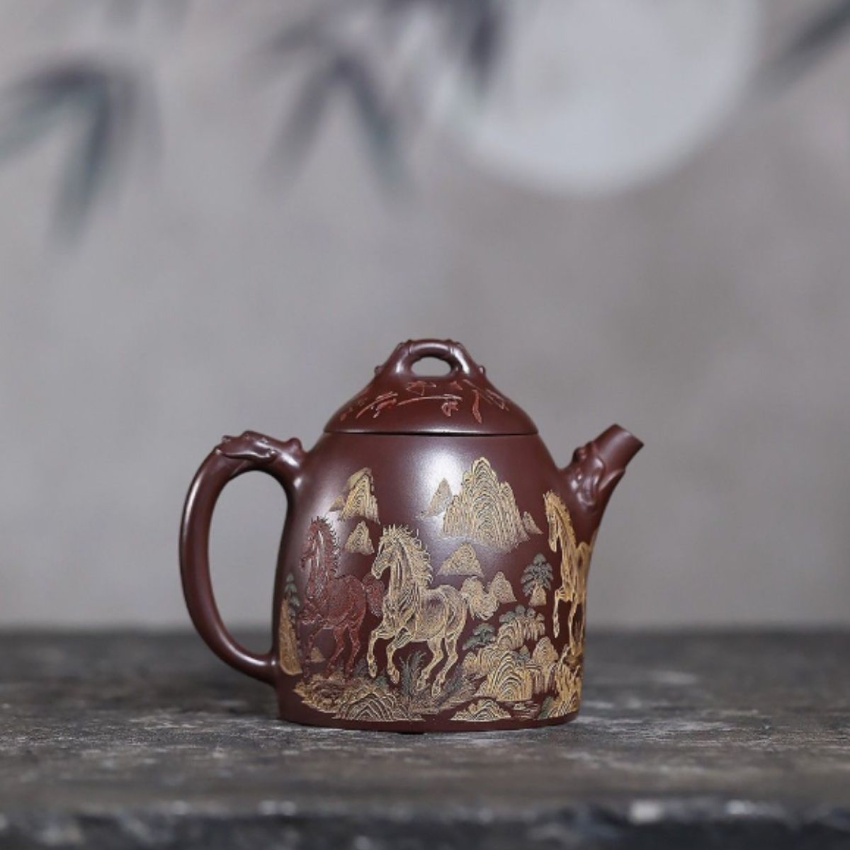 Yixing Purple Clay Teapot "Immediate Success" 280ml - Hand-Painted Stone Red Clay