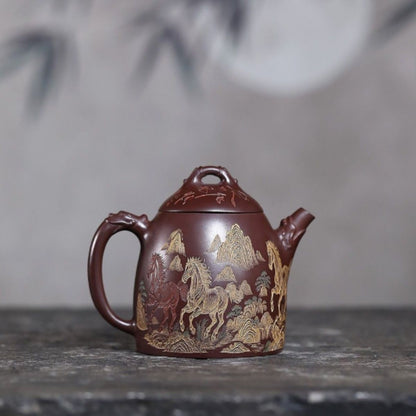 Yixing Purple Clay Teapot "Immediate Success" 280ml - Hand-Painted Stone Red Clay