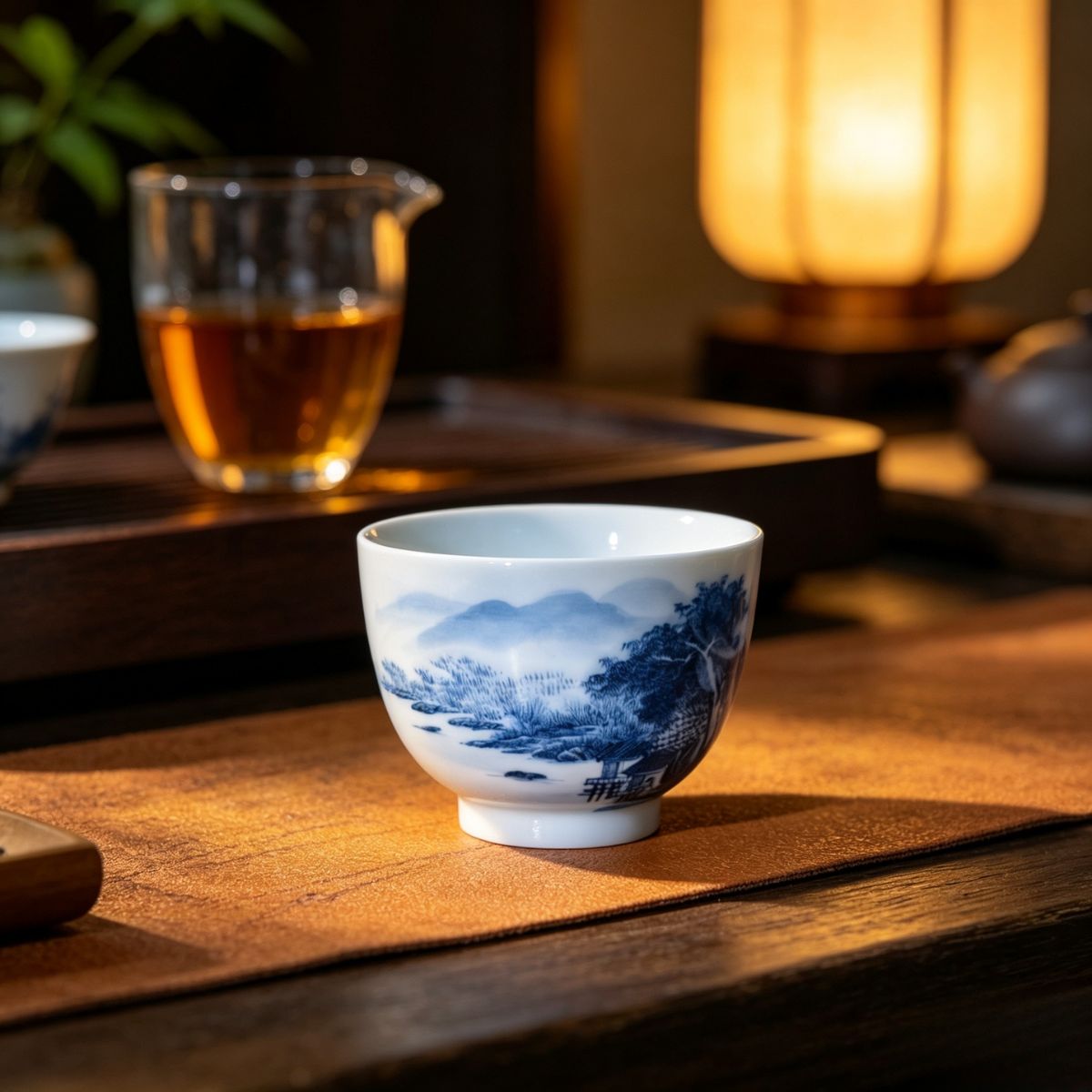 Blue & White Landscape Tea Set – Hand-Painted Underglaze Gaiwan & Tasting Cups