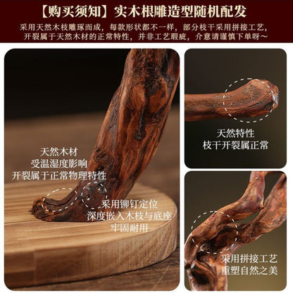 Solid Wood Root Carving Bracelet Display Stand Set – with Lion Figurine & Lotus Incense Holder