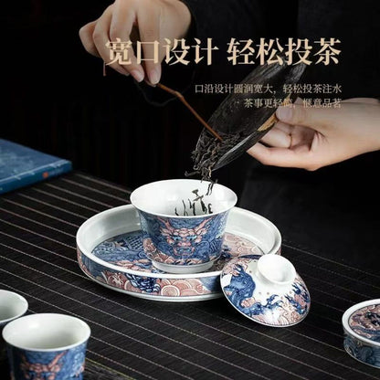 Blue & White Dragon Gaiwan Tea Set | 6-Piece Antique Clay Ceramic Gift Box 135ml