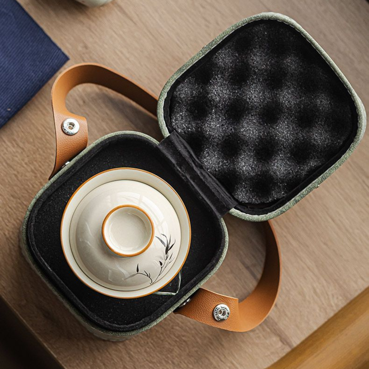 Wood Ash Glaze Ink Bamboo Travel Gaiwan Tea Set