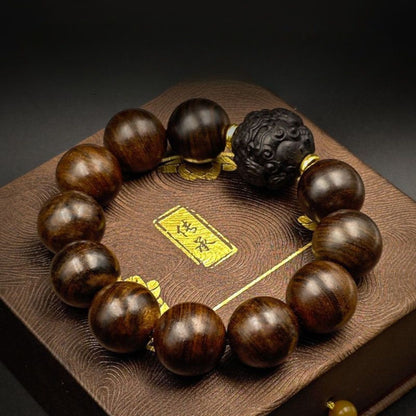 Pixiu Beaded Bracelet in Zitan-Style Wood | Wealth & Protection Talisman