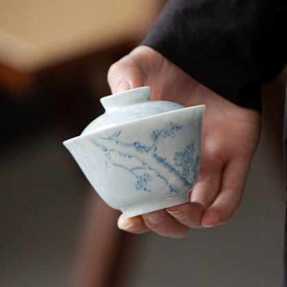 Blue & White Hand-Painted Pine Ercai Gaiwan – 150ml Porcelain Tea Bowl