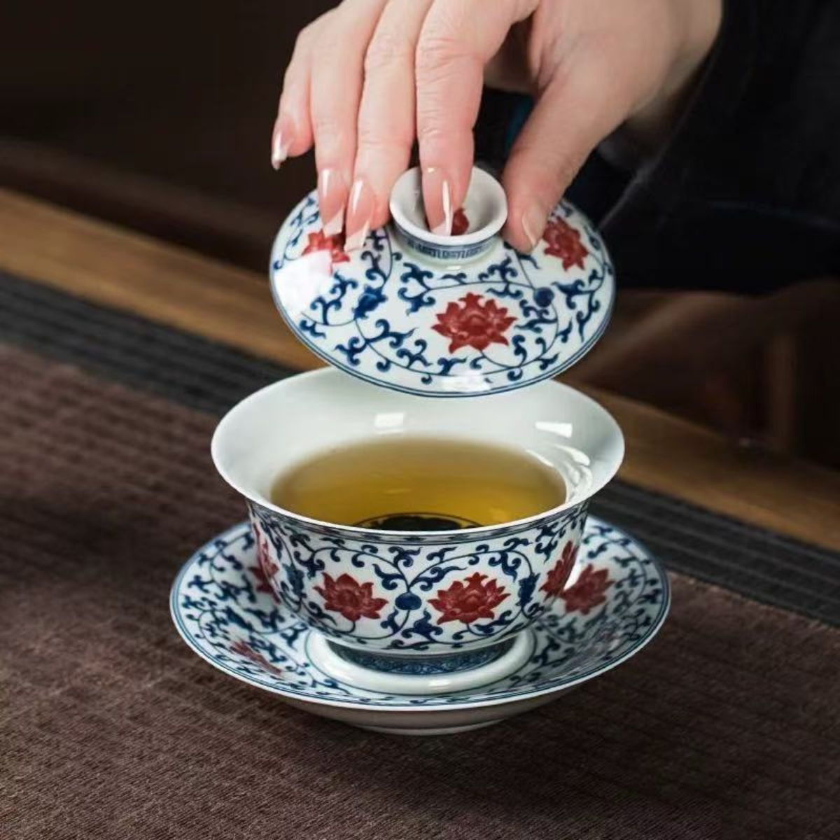 Jingdezhen Blue & Red Gaiwan Tea Set | Vintage Underglaze Ceramic with 2 Cups 160ml