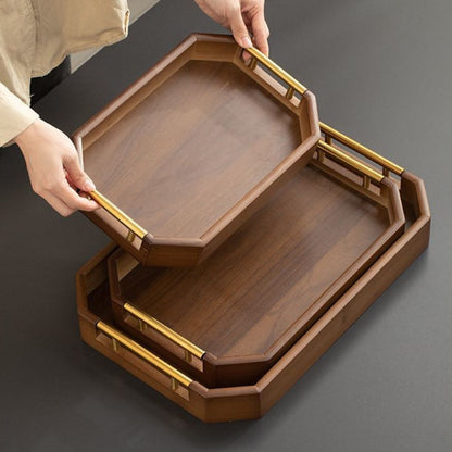 Chestnut Octagonal Serving Tray with Metal Handles – Tea Tray, Pastry Plate & Organizer | 2 Sizes