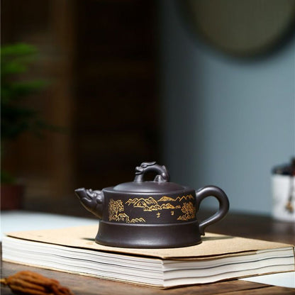 Handmade Yixing Purple Clay Teapot 225ml - Original Black Gold Clay Dragon Court Zisha Gongfu Tea Pot
