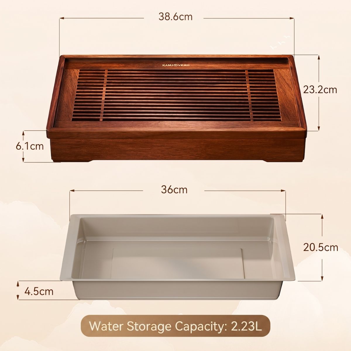 KAMJOVE Sheng Fu Tea Tray – Wet-Style Gongfu Tea Board with 2.23L Water Reservoir | 38.6×23.2cm