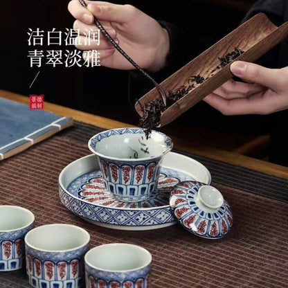 Jingdezhen Antique Clay Tea Set | 8-Piece Red Scroll Pattern Gaiwan Gift Box 120ml
