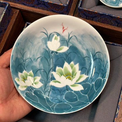 Lotus Pond Moonlight Hand-Painted Ceramic Tea Set – Gaiwan, Pu-erh Cup, Ruishi Cup & Dry Brewing Tray