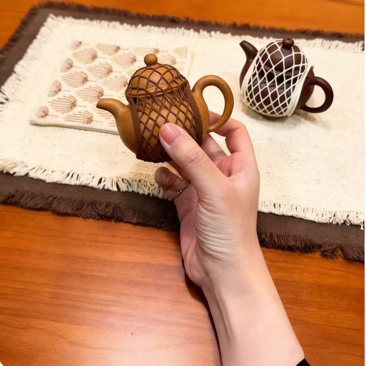 Teapot Protective Net Bag – Set of 3 (Beige, Brown & Black) | Travel Storage Cover for Zisha Teapot, Gaiwan & Teaware