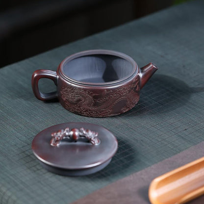 Shuang Long Xi Zhu Yixing Teapot | Raw Gu Wu Ni Ancient Dark Clay | Handcrafted 260ml