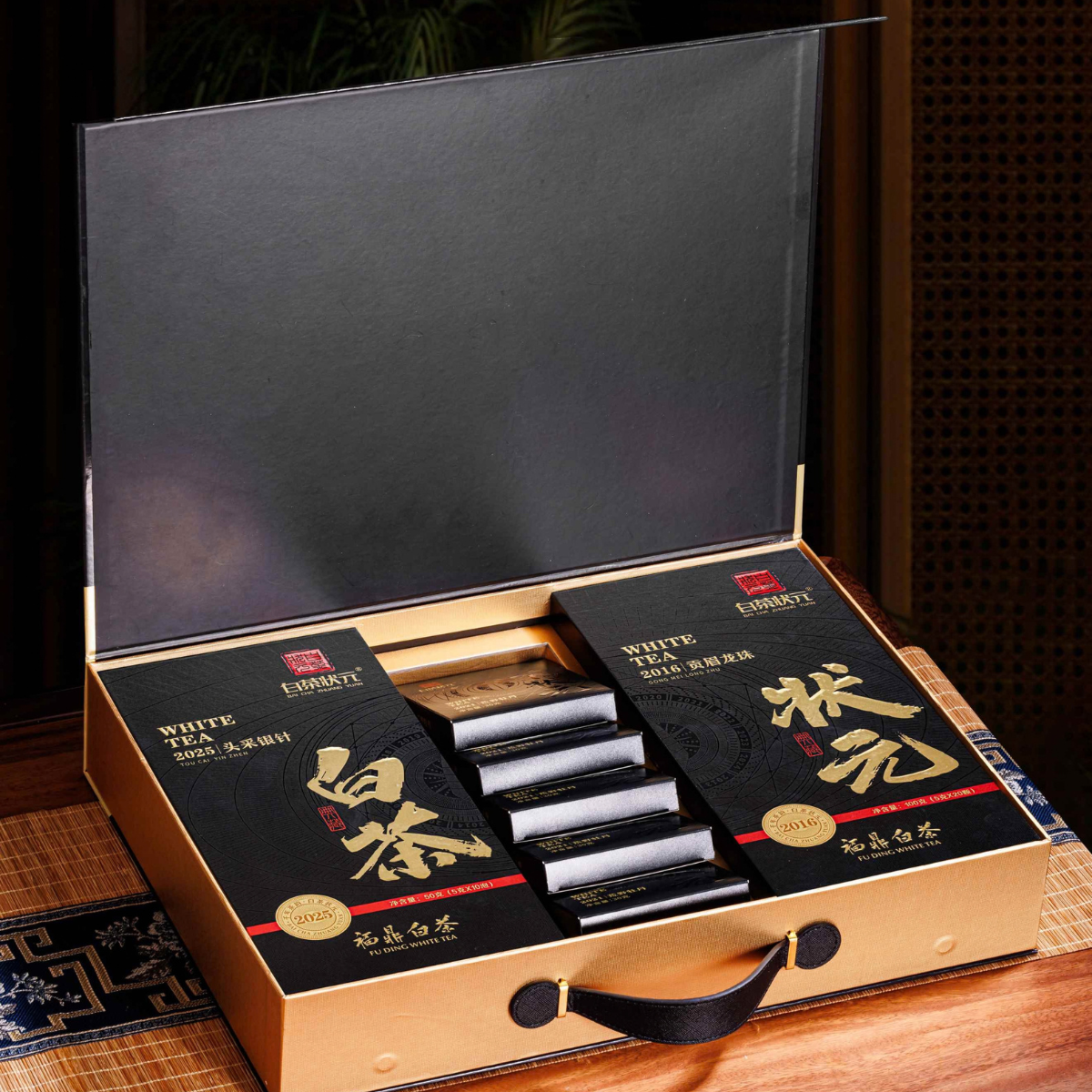 Bai Cha Zhuang Yuan San Wei | Premium White Tea Trio Gift Box — First Flush Silver Needle, Wild White Peony Cake & Gong Mei Dragon Pearl (180g Total)