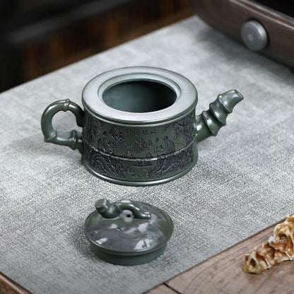 Handmade Yixing Purple Clay Teapot 260ml - Original Dark Green Clay Panda Bamboo Zisha Gongfu Tea Pot