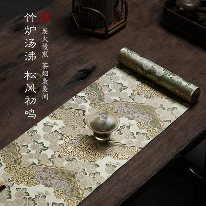 Chinese Double-Sided Brocade Table Runner – Tea Ceremony Cloth | Gold Cloud & Gold Peony (4 Sizes)