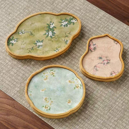 Bamboo Dry Brewing Tea Tray with Embroidered Cloth – 3 Shapes (Gourd / Begonia / Cloud)