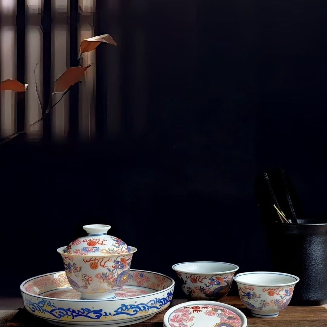Jingdezhen Famille Rose Twin Dragon & Pearl Gongfu Tea Set – Fencai Porcelain | 5-Piece