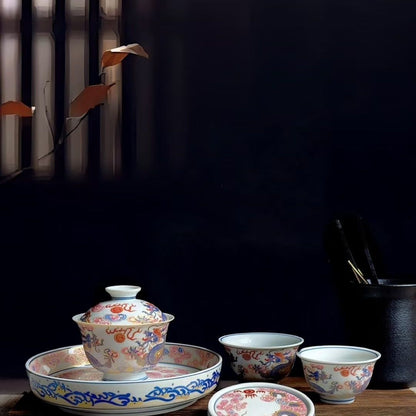 Jingdezhen Famille Rose Twin Dragon & Pearl Gongfu Tea Set – Fencai Porcelain | 5-Piece