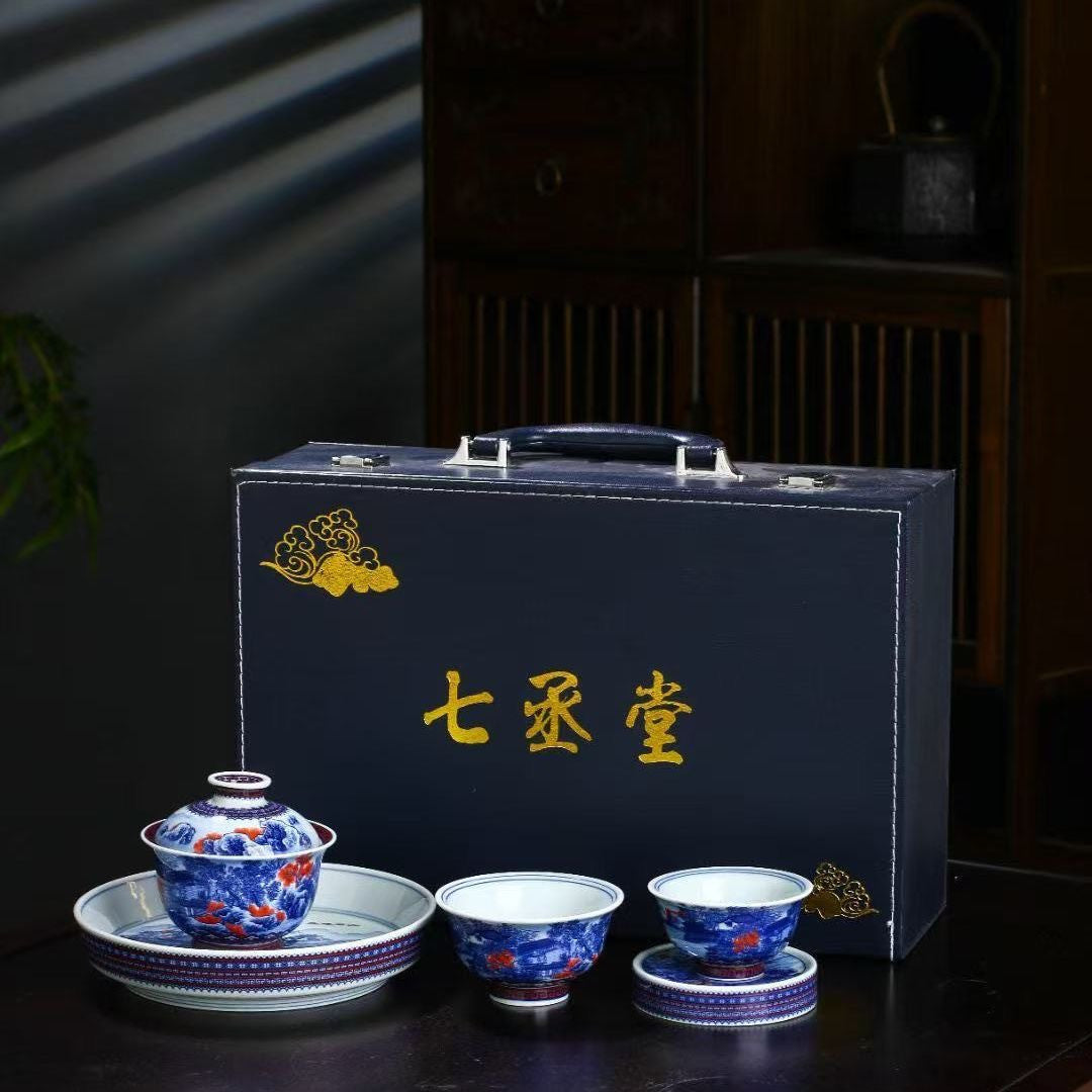 Jingdezhen Blue & White Underglaze Red Jiangnan Landscape Gongfu Tea Set – Master-Painted | Luxury Gift Box | 5-Piece