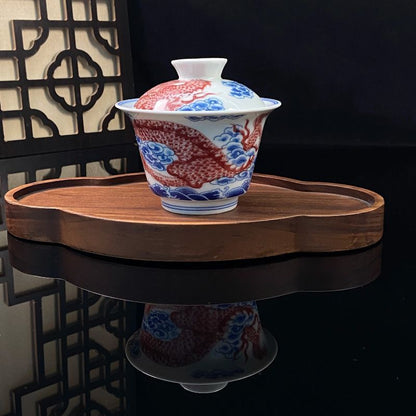 Jingdezhen Antique-Style Underglaze Red Twin Dragon Gongfu Tea Set – Vintage Porcelain | 5-Piece