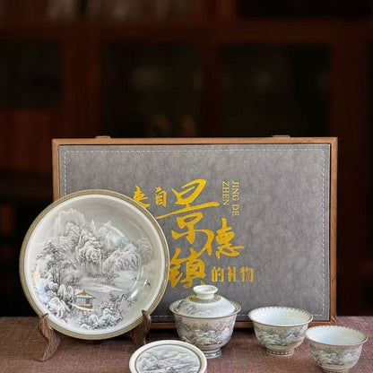 Jingdezhen Ink Wash Snow Landscape Gongfu Tea Set – Mò Cǎi Xuě Jǐng | Gift Box | 5-Piece