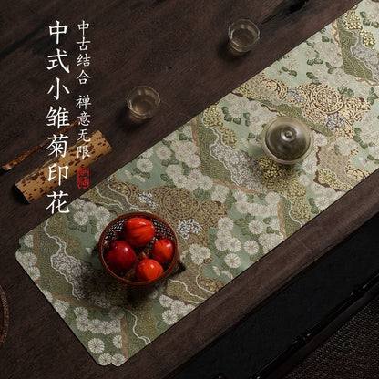 Chinese Double-Sided Brocade Table Runner – Tea Ceremony Cloth | Gold Cloud & Gold Peony (4 Sizes)