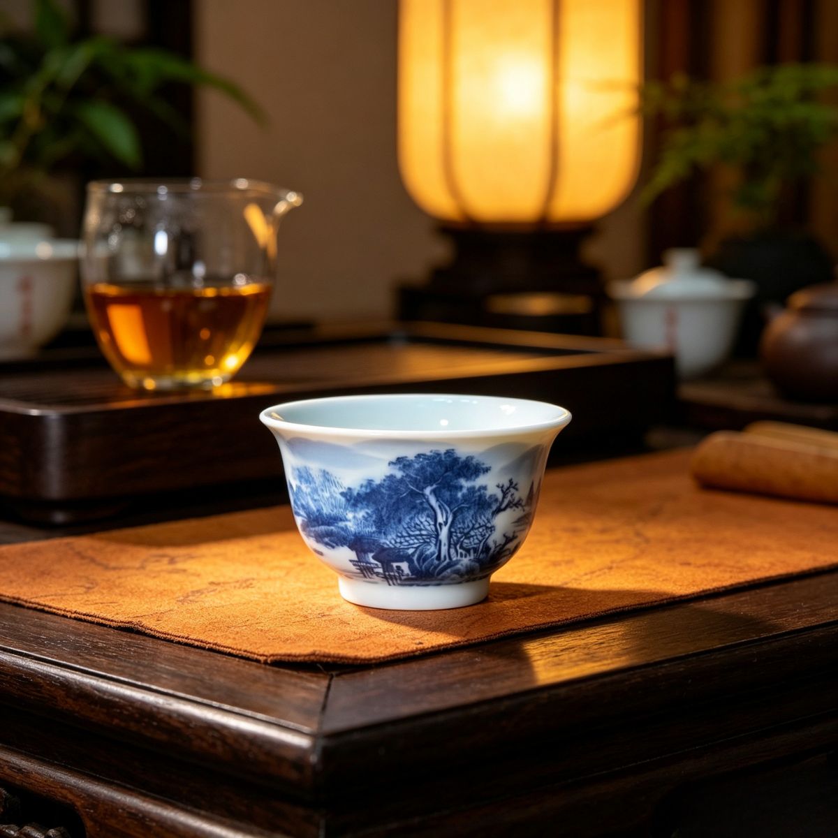 Blue & White Landscape Tea Set – Hand-Painted Underglaze Gaiwan & Tasting Cups
