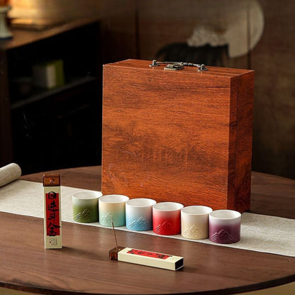 Qing Qiu Ling Glaze Master Cup Luxury Gift Set – 6 Ceramic Tea Cups & 2 Incense Boxes | Premium Gift Box