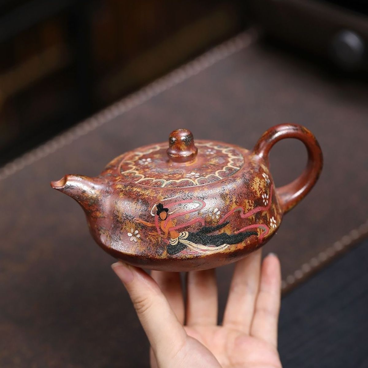 Dunhuang Flying Apsaras Curved Teapot - Wood-Fired Duanni Clay 240ml by Master Artisan