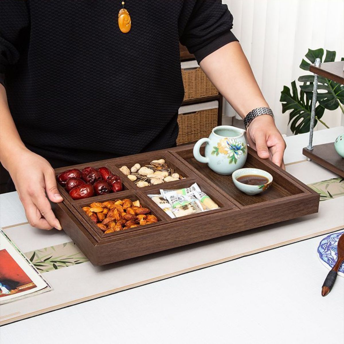 Chinese Tea Tray 7-Piece Serving Set – Multi-Compartment Snack & Dry Fruit Organizer